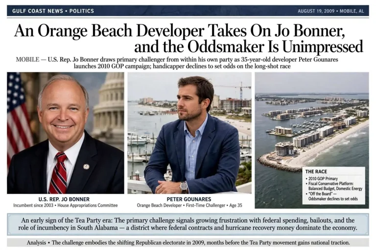 Illustration for the news story: An Orange Beach Developer Takes On Jo Bonner, and the Oddsmaker Is Unimpressed