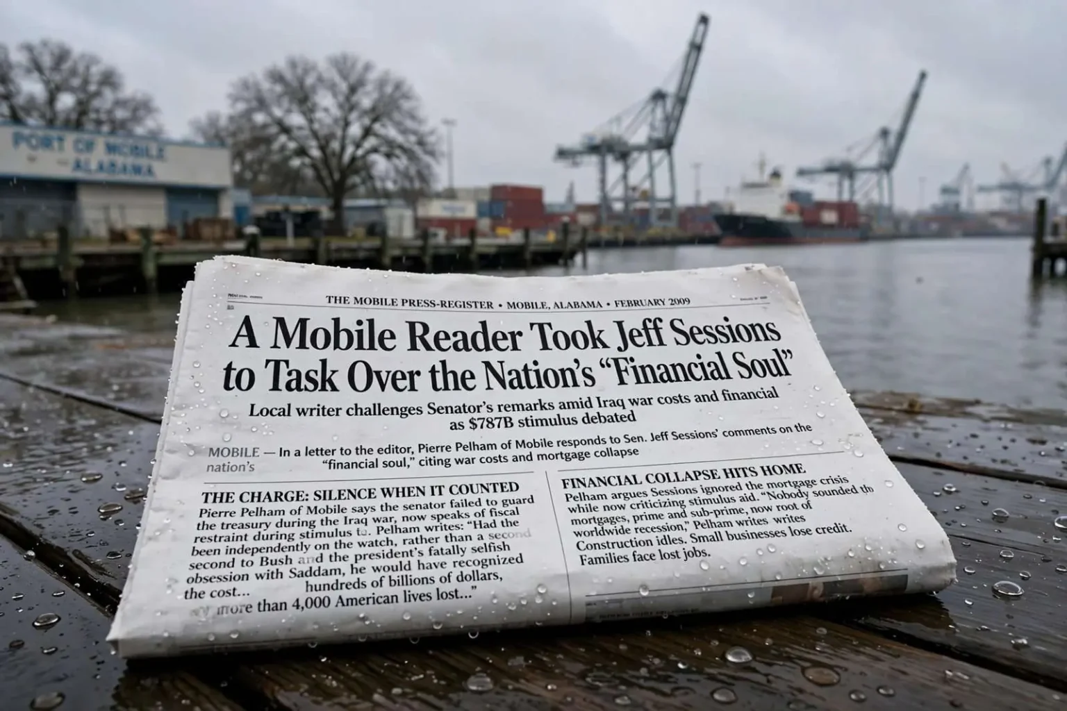 Illustration for the news story: A Mobile Reader Took Jeff Sessions to Task Over the Nation’s ‘Financial Soul’