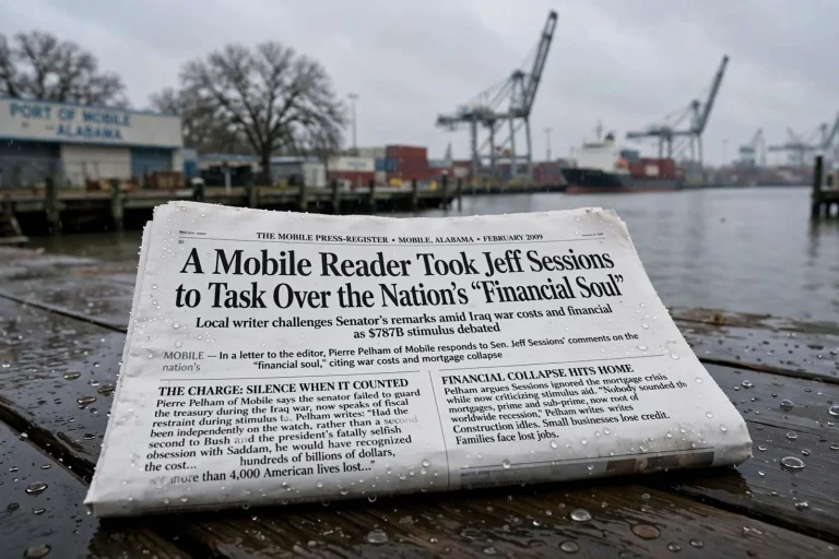 Illustration for the news story: A Mobile Reader Took Jeff Sessions to Task Over the Nation’s ‘Financial Soul’
