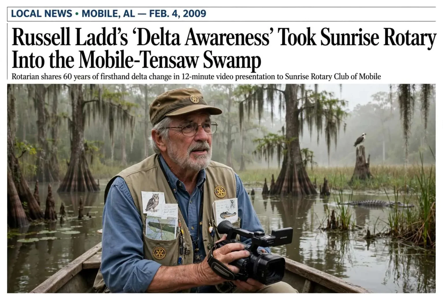 Illustration for the news story: Russell Ladd’s ‘Delta Awareness’ Took Sunrise Rotary Into the Mobile-Tensaw Swamp