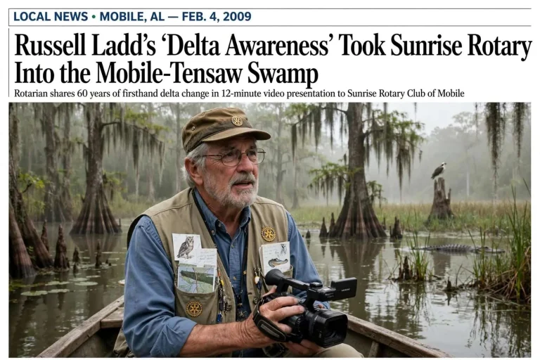 Illustration for the news story: Russell Ladd’s ‘Delta Awareness’ Took Sunrise Rotary Into the Mobile-Tensaw Swamp