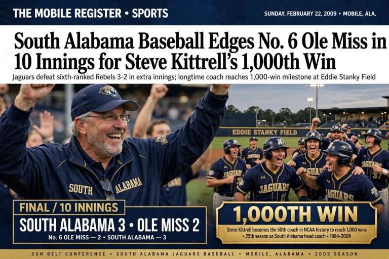 Illustration for the news story: South Alabama Baseball Edges No. 6 Ole Miss in 10 Innings for Steve Kittrell’s 1,000th Win