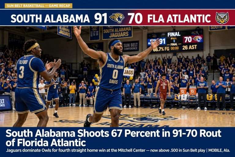 Illustration for the news story: South Alabama Shoots 67 Percent in 91-70 Rout of Florida Atlantic