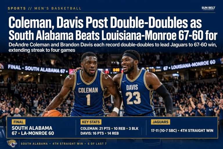 Illustration for the news story: Coleman, Davis Post Double-Doubles as South Alabama Beats Louisiana-Monroe 67-60 for Fourth Straight Win