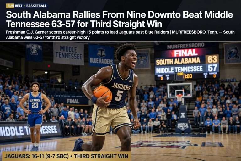 Illustration for the news story: South Alabama Rallies From Nine Down to Beat Middle Tennessee 63-57 for Third Straight Win