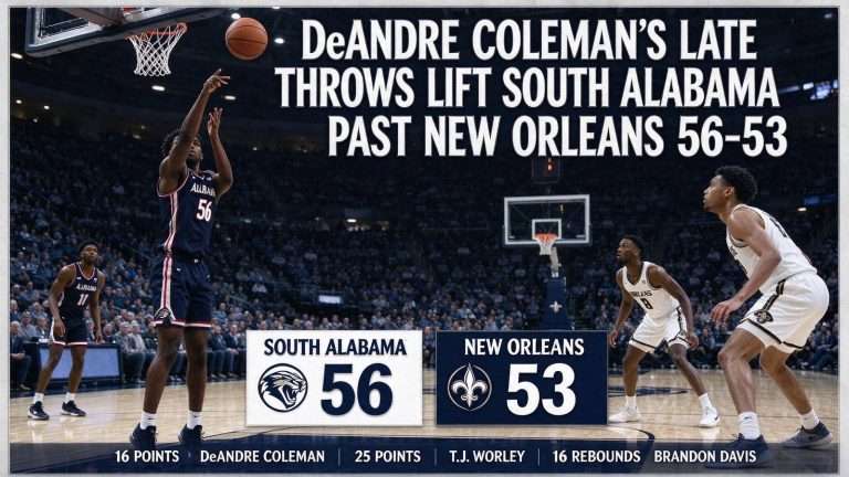 Illustration for the news story: DeAndre Coleman’s Late Free Throws Lift South Alabama Past New Orleans 56-53