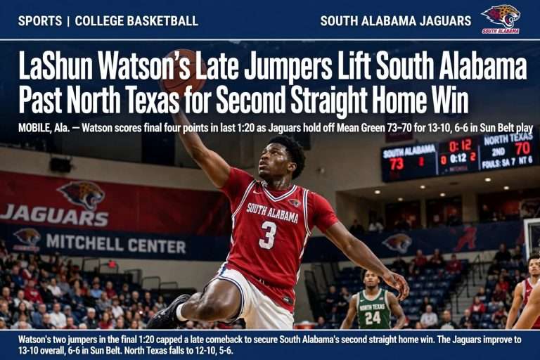 Illustration for the news story: LaShun Watson’s Late Jumpers Lift South Alabama Past North Texas for Second Straight Home Win