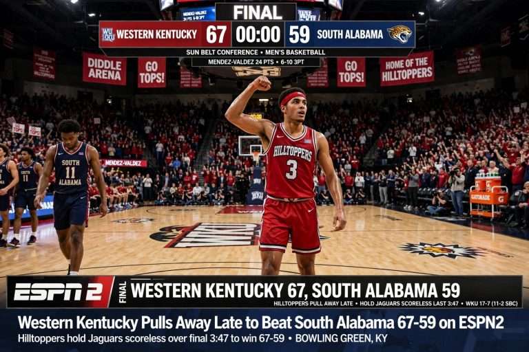 Illustration for the news story: Western Kentucky Pulls Away Late to Beat South Alabama Basketball 67-59 on ESPN2