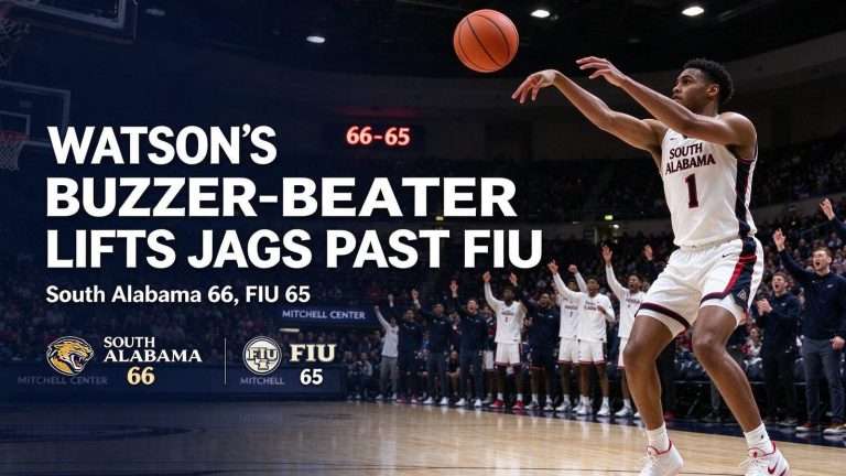 Illustration for the news story: LaShun Watson’s Buzzer-Beating 3-Pointer Lifts South Alabama Past FIU 66-65