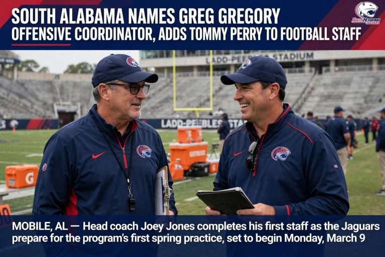 Illustration for the news story: South Alabama Names Greg Gregory Offensive Coordinator, Adds Tommy Perry to Football Staff