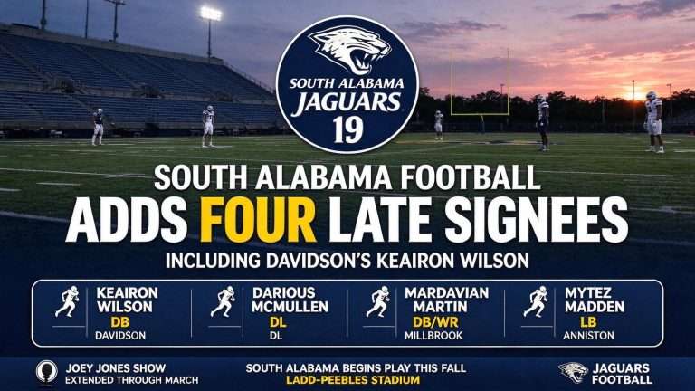 Illustration for the news story: South Alabama Football Adds Four Late Signees, Including Davidson’s Keairon Wilson