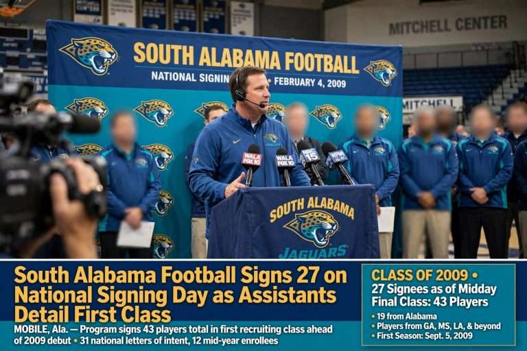 Illustration for the news story: South Alabama Football Signs 27 on National Signing Day as Assistants Detail First Class