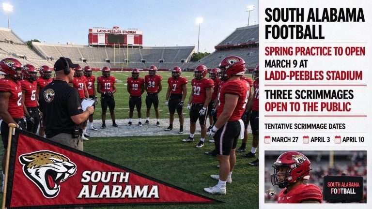 Illustration for the news story: South Alabama Football Spring Practice to Open March 9 at Ladd-Peebles Stadium