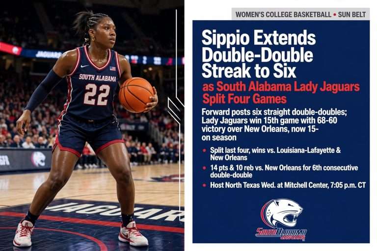 Illustration for the news story: Sippio Extends Double-Double Streak to Six as South Alabama Lady Jaguars Split Four Games