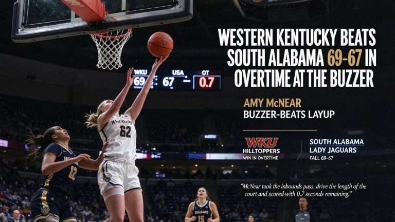 Illustration for the news story: Western Kentucky’s Amy McNear Beats South Alabama Lady Jaguars 69-67 in Overtime at the Buzzer