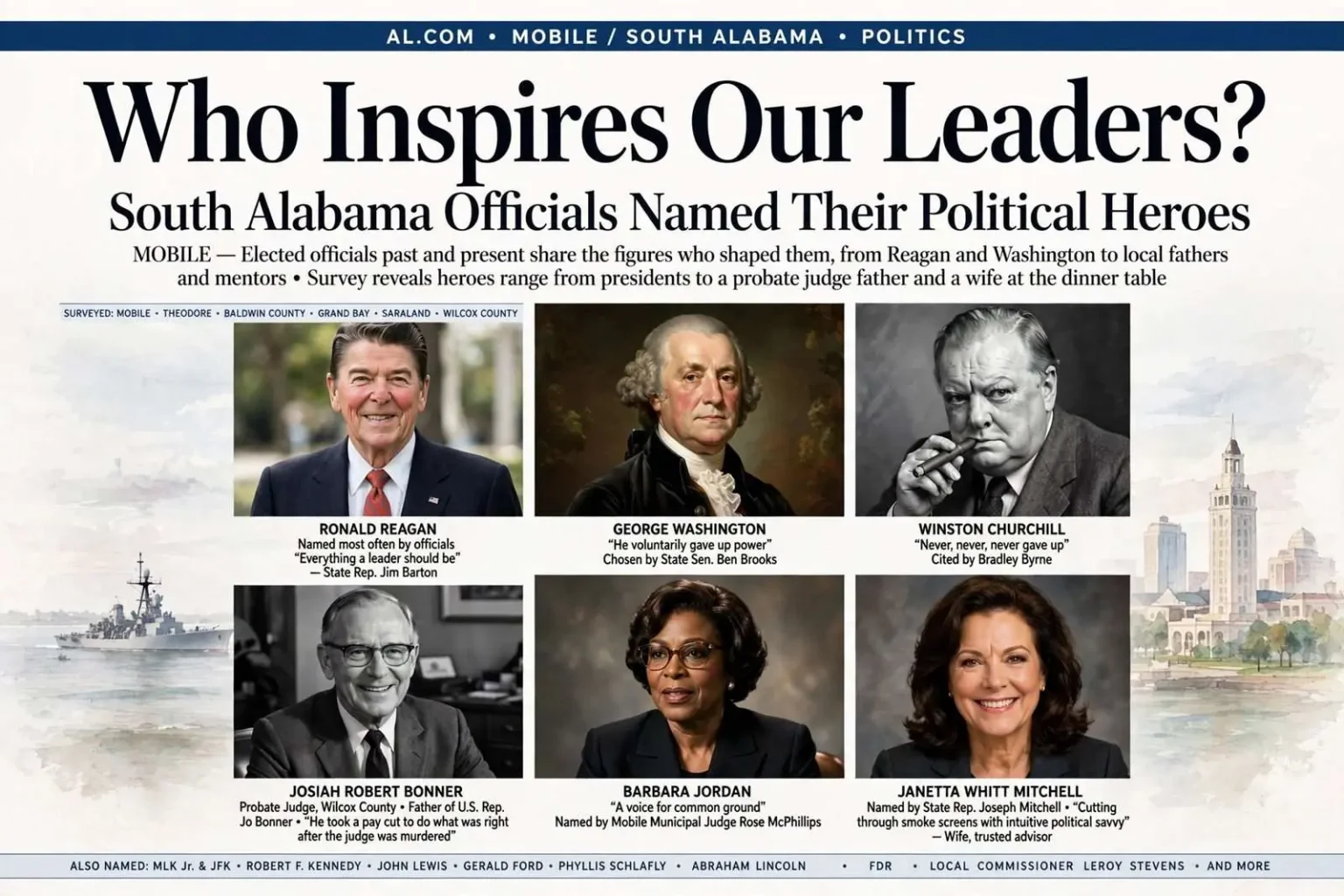 Illustration for the news story: Who Inspires Our Leaders? South Alabama Officials Named Their Political Heroes