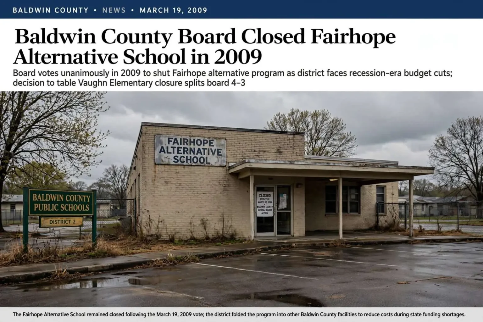 Illustration for the news story: Baldwin County Board Closed Fairhope Alternative School in 2009