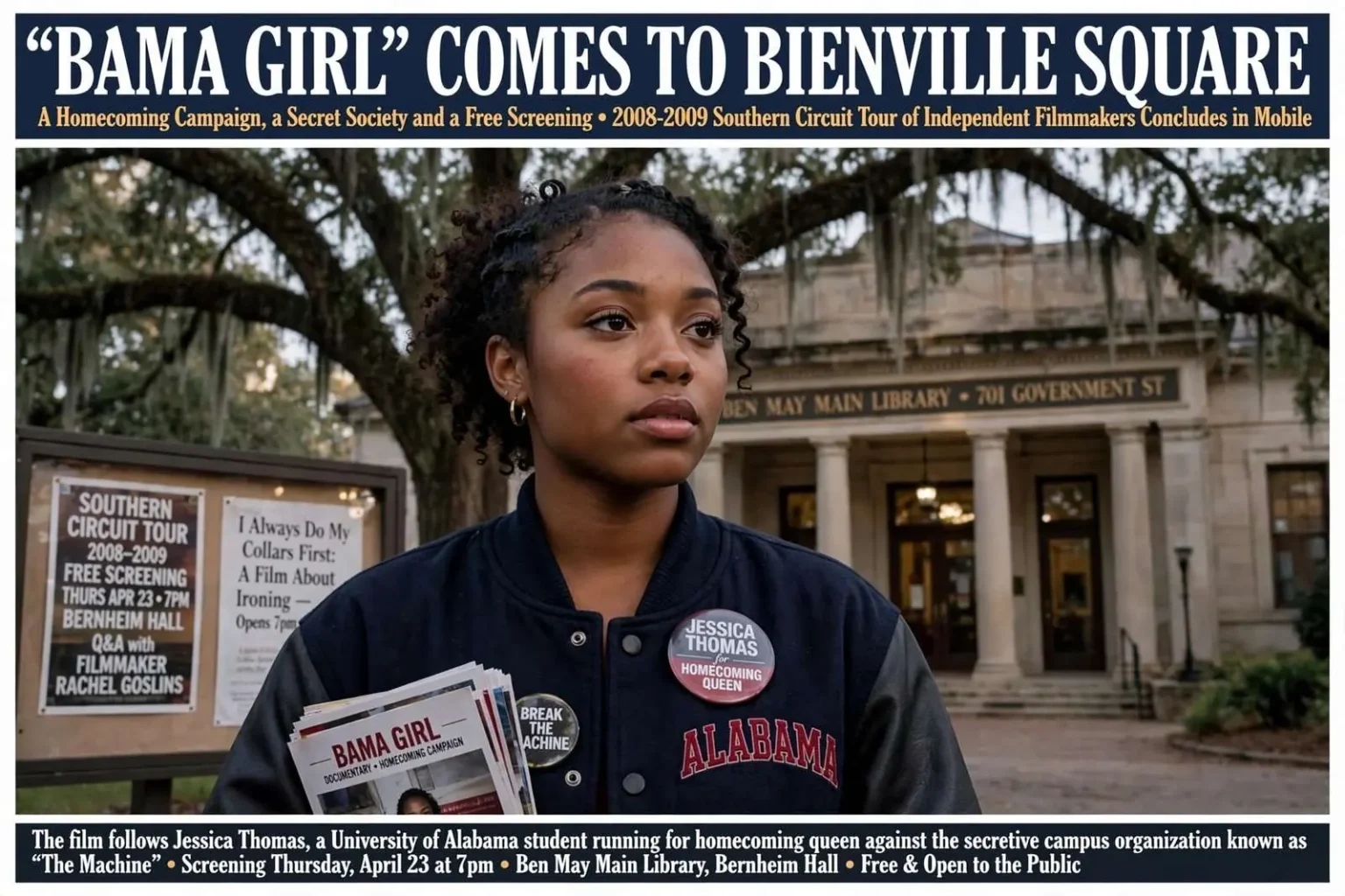 Illustration for the news story: ‘Bama Girl’ Comes to Bienville Square: A Homecoming Campaign, a Secret Society and a Free Screening