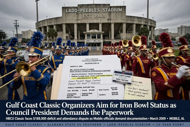 Illustration for the news story: Gulf Coast Classic Organizers Aim for Iron Bowl Status as Council President Demands the Paperwork