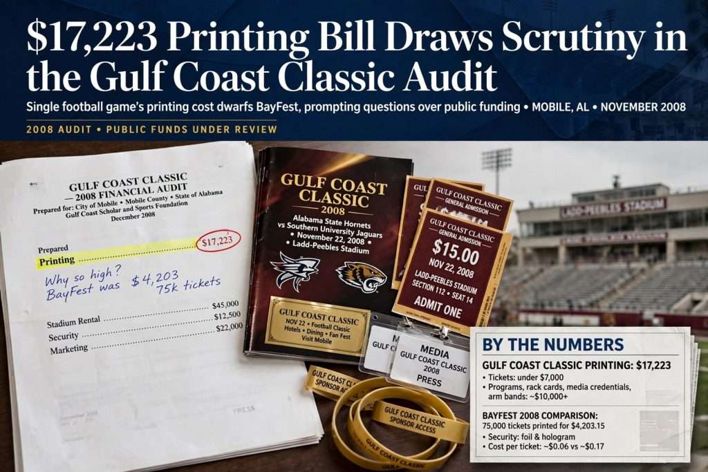 Illustration for the news story: A $17,223 Printing Bill Draws Scrutiny in the Gulf Coast Classic Audit