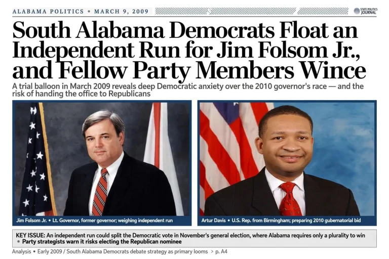 Illustration for the news story: South Alabama Democrats Float an Independent Run for Jim Folsom Jr., and Fellow Party Members Wince