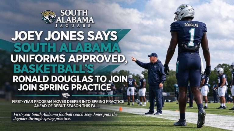 Illustration for the news story: Joey Jones Says South Alabama Uniforms Approved, Basketball’s Ronald Douglas to Join Spring Practice