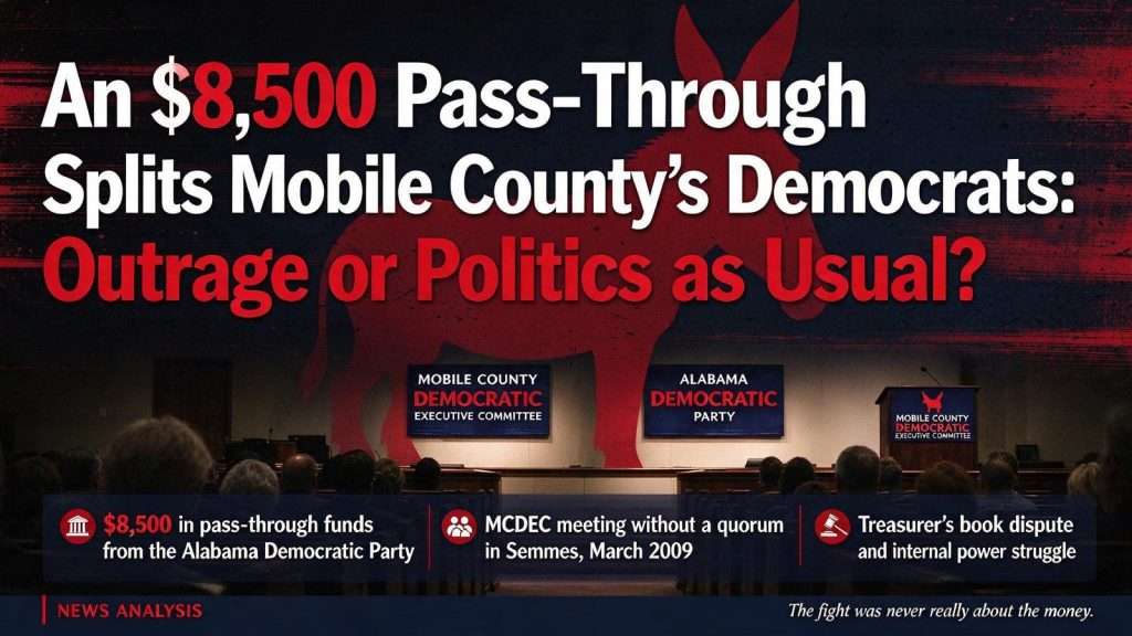 Illustration for the news story: An $8,500 Pass-Through Splits Mobile County’s Democrats: Outrage or Politics as Usual?