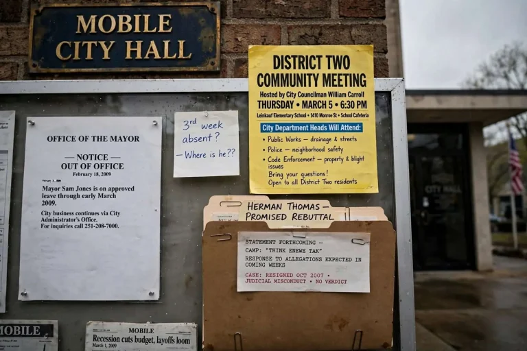 Illustration for the news story: Mobile Notebook: A Scarce Mayor, a Promised Rebuttal and a District Meeting in Leinkauf