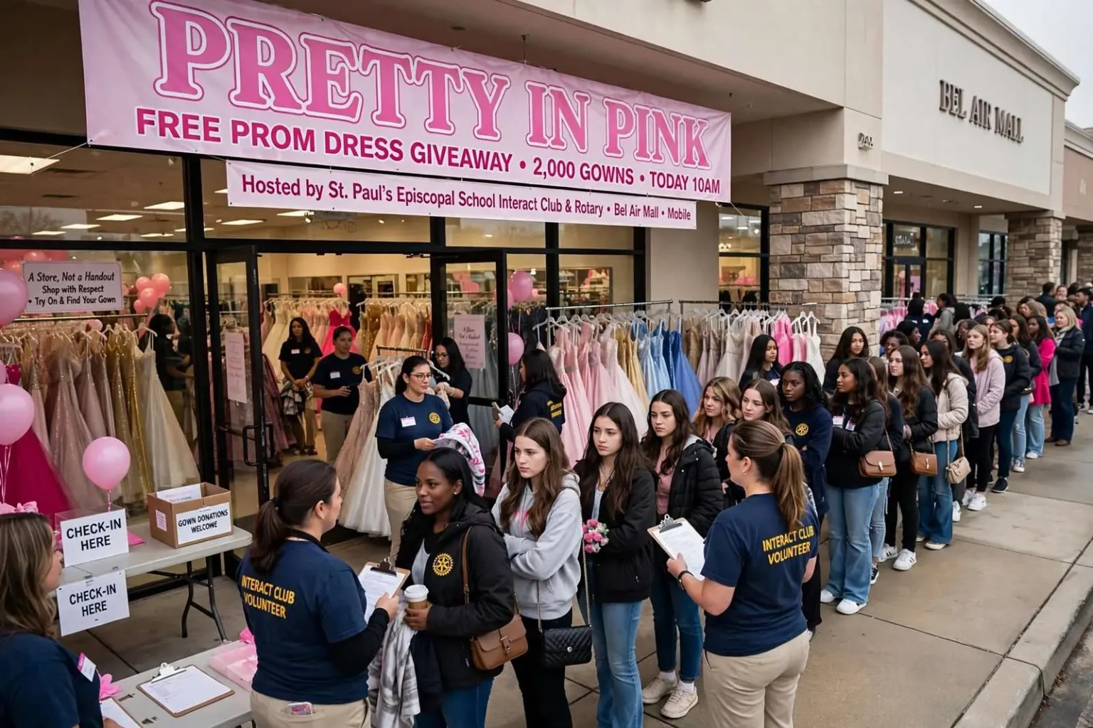Illustration for the news story: Two Thousand Gowns and a Line Out the Door: ‘Pretty in Pink’ Sends 300 Girls to the Prom