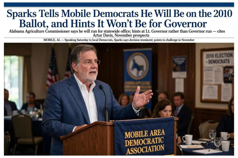 Illustration for the news story: Sparks Tells Mobile Democrats He Will Be on the 2010 Ballot, and Hints It Won’t Be for Governor
