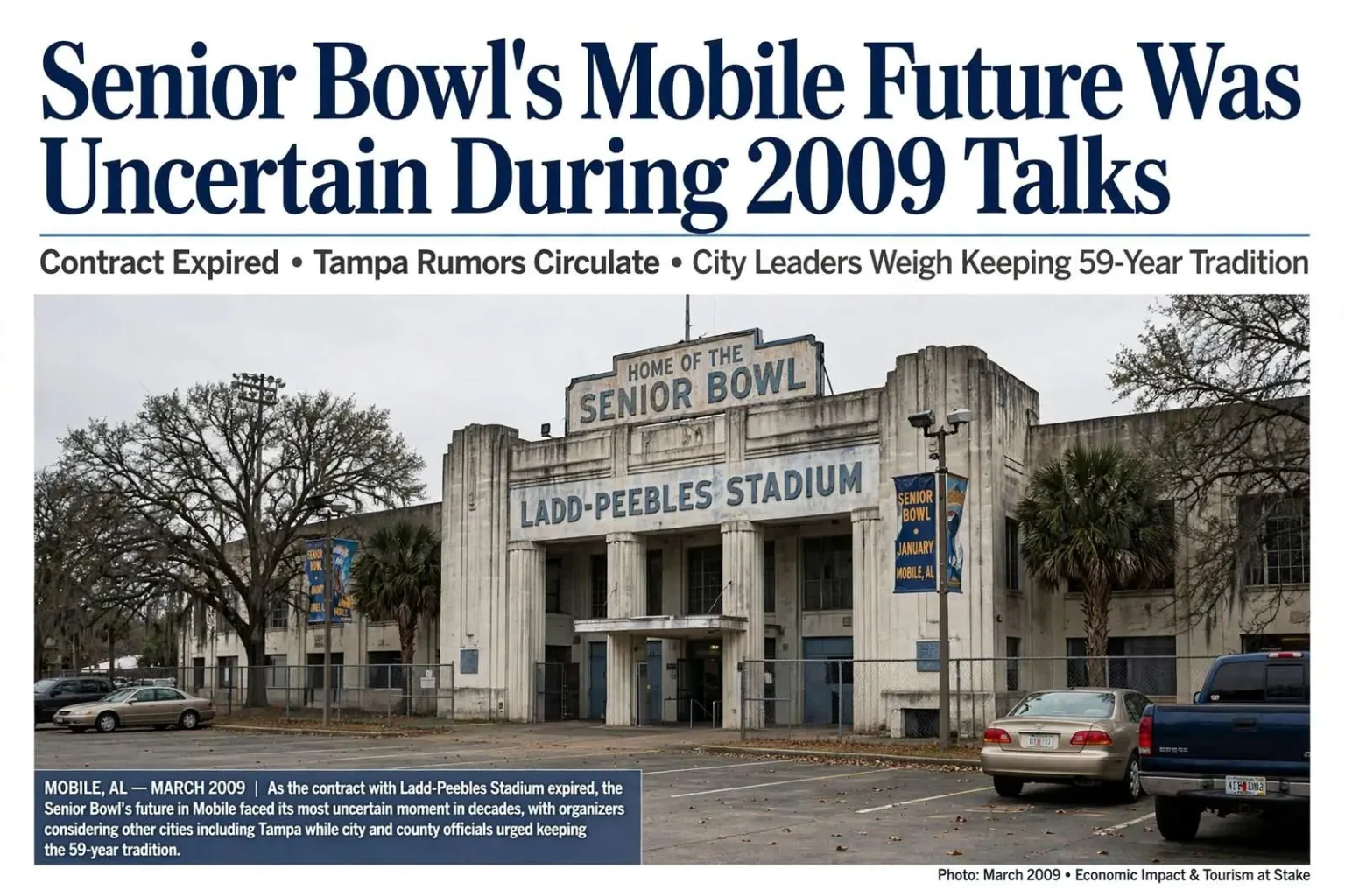 Illustration for the news story: Senior Bowl’s Mobile Future Was Uncertain During 2009 Talks