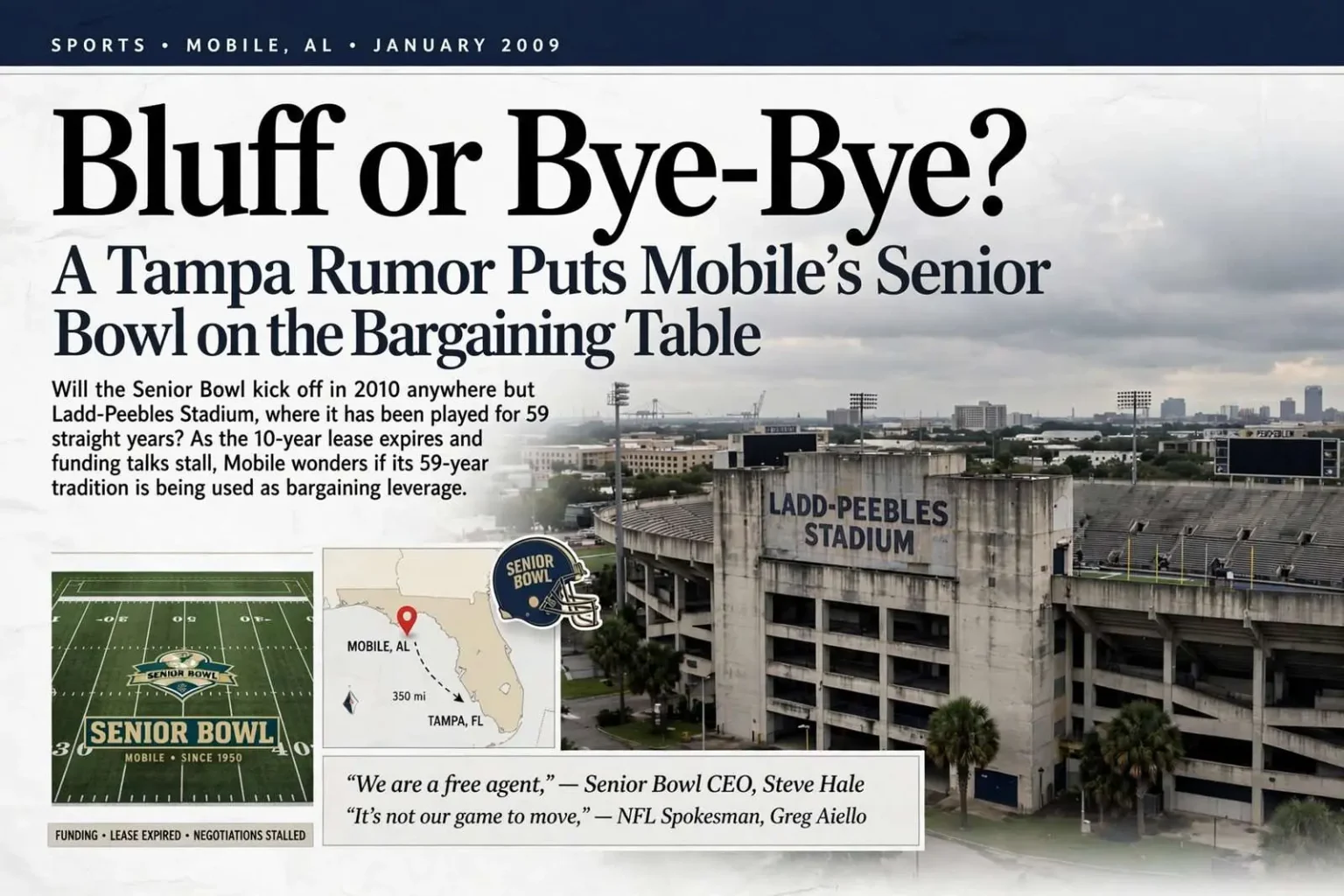 Illustration for the news story: Bluff or Bye-Bye? A Tampa Rumor Puts Mobile’s Senior Bowl on the Bargaining Table