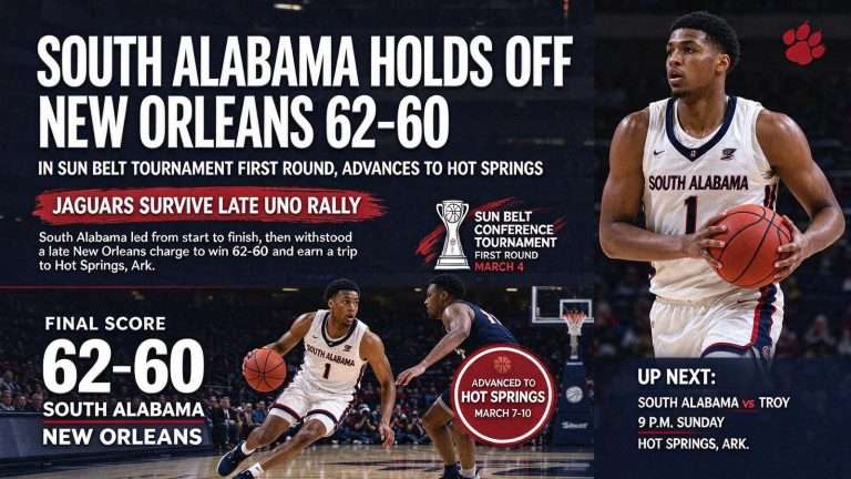Illustration for the news story: South Alabama Holds Off New Orleans 62-60 in Sun Belt Tournament First Round, Advances to Hot Springs