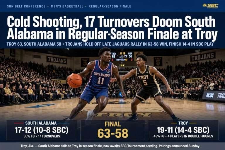 Illustration for the news story: Cold Shooting, 17 Turnovers Doom South Alabama in Regular-Season Finale at Troy