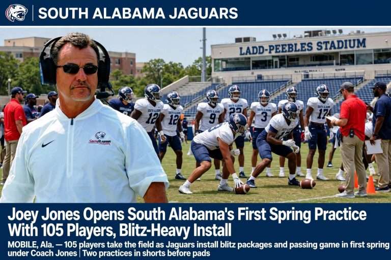 Illustration for the news story: Joey Jones Opens South Alabama’s First Spring Practice With 105 Players, Blitz-Heavy Install