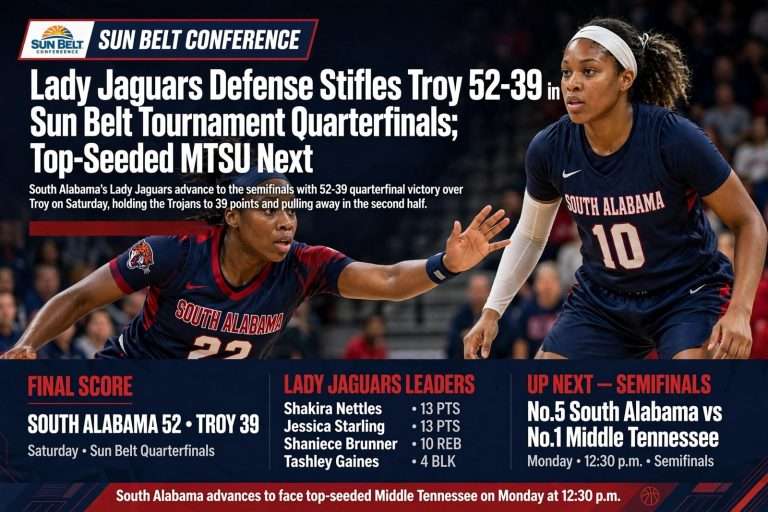 Illustration for the news story: Lady Jaguars Defense Stifles Troy 52-39 in Sun Belt Tournament Quarterfinals; Top-Seeded MTSU Next