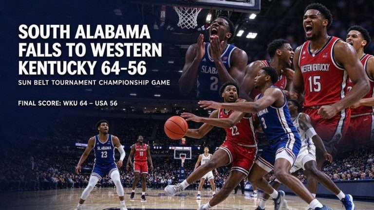 Illustration for the news story: South Alabama Falls to Western Kentucky 64-56 in Sun Belt Tournament Championship Game