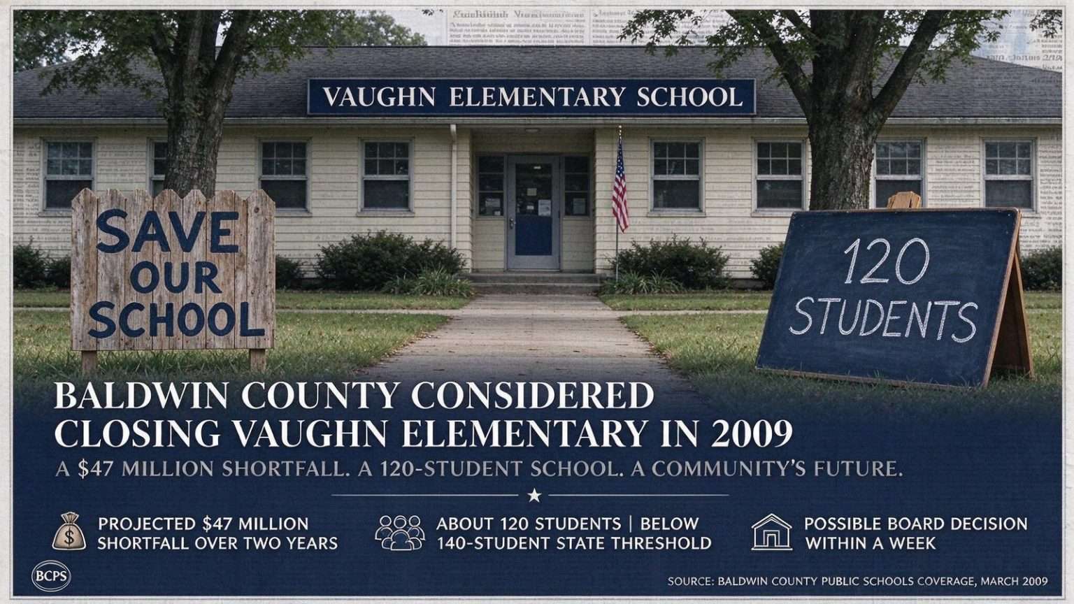 Illustration for the news story: Baldwin County Considered Closing Vaughn Elementary in 2009