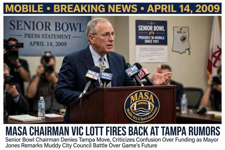 Illustration for the news story: MASA Chairman Vic Lott Fires Back at Tampa Rumors as Mayor Jones Muddies Senior Bowl Funding Fight