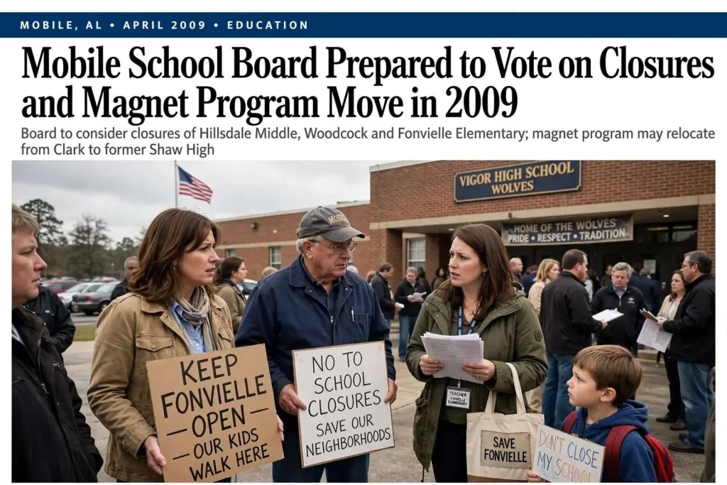 Illustration for the news story: Mobile School Board Prepared to Vote on Closures and Magnet Program Move in 2009