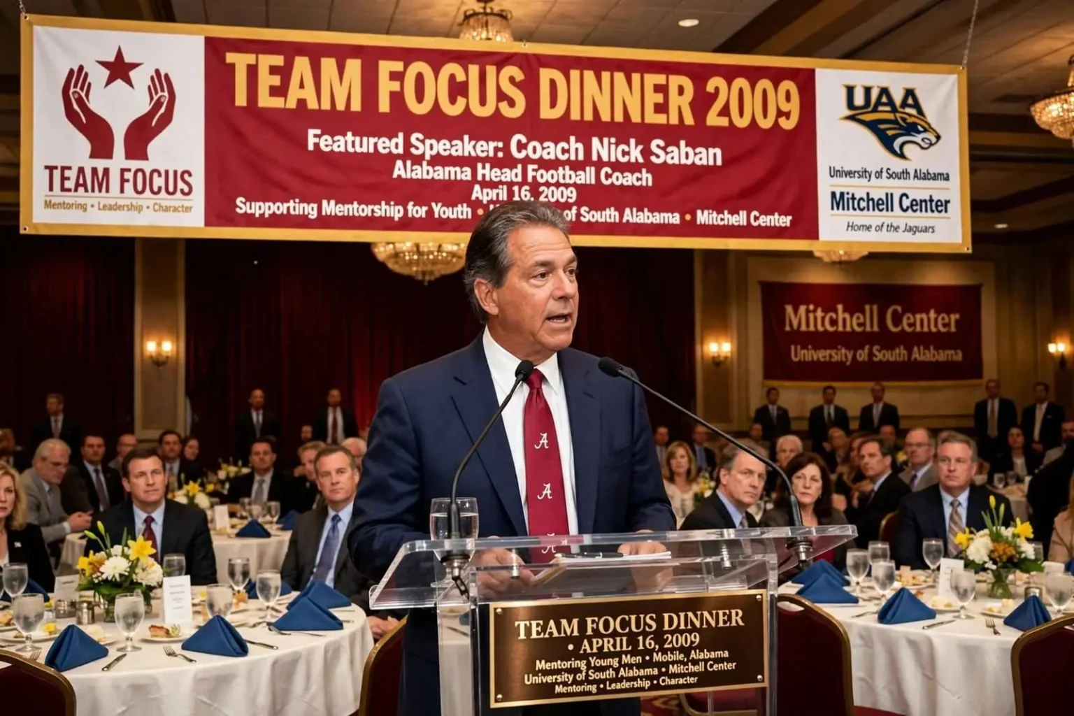 Illustration for the news story: Nick Saban Spoke at Team Focus Dinner in Mobile in 2009