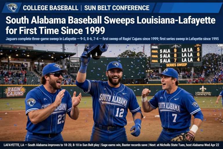 Illustration for the news story: South Alabama Baseball Sweeps Louisiana-Lafayette for First Time Since 1999