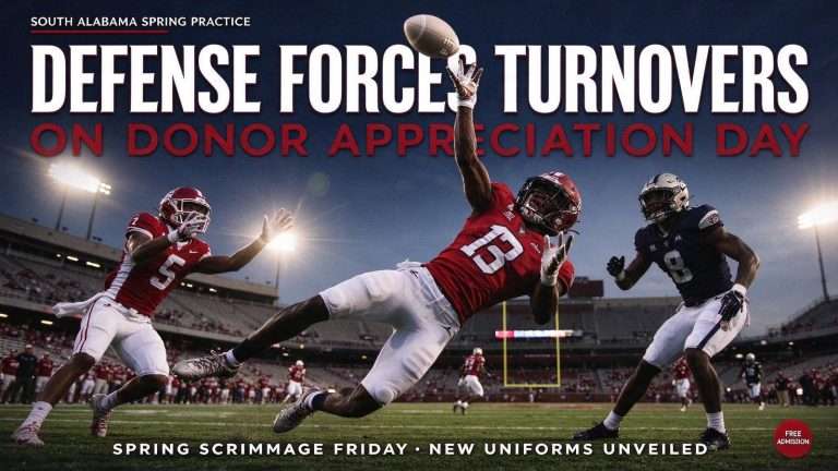 Illustration for the news story: South Alabama Football Defense Forces Turnovers On Donor Appreciation Day Before Spring Scrimmage
