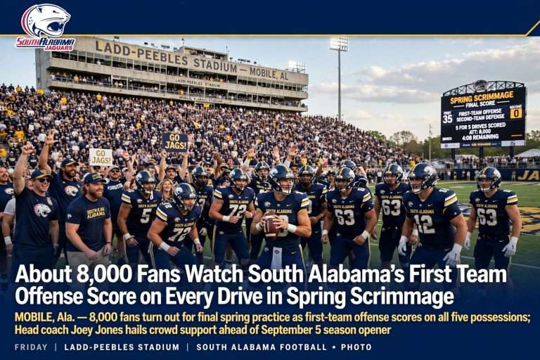 Illustration for the news story: About 8,000 Fans Watch South Alabama’s First Team Offense Score on Every Drive in Spring Scrimmage