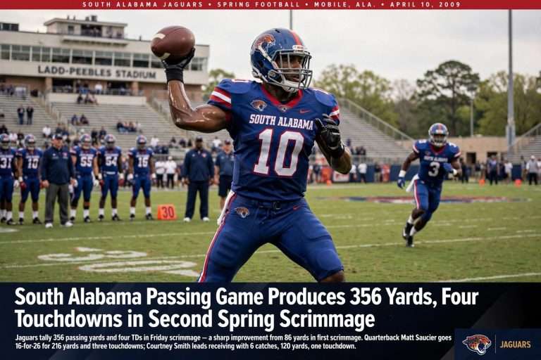 Illustration for the news story: South Alabama Passing Game Produces 356 Yards, Four Touchdowns in Second Spring Scrimmage