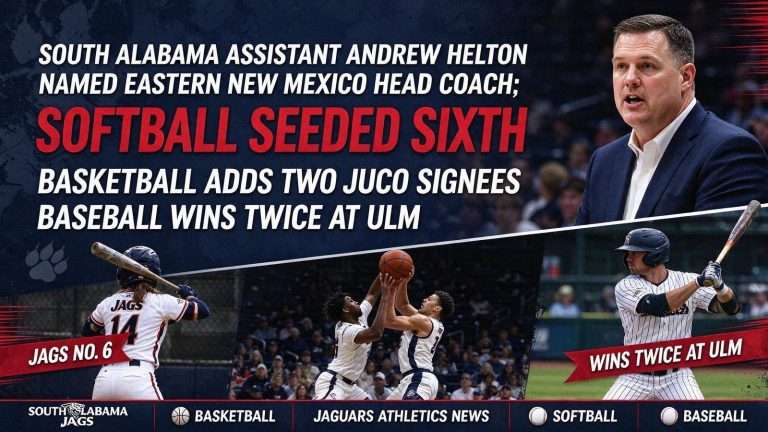 Illustration for the news story: South Alabama Assistant Andrew Helton Named Eastern New Mexico Head Coach; Softball Seeded Sixth