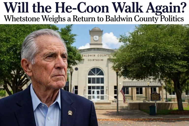 Illustration for the news story: Will the He-Coon Walk Again? Whetstone Weighs a Return to Baldwin County Politics