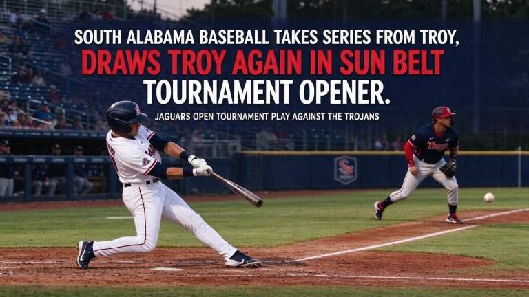 Illustration for the news story: South Alabama Baseball Takes Series From Troy, Draws Trojans Again in Sun Belt Tournament Opener