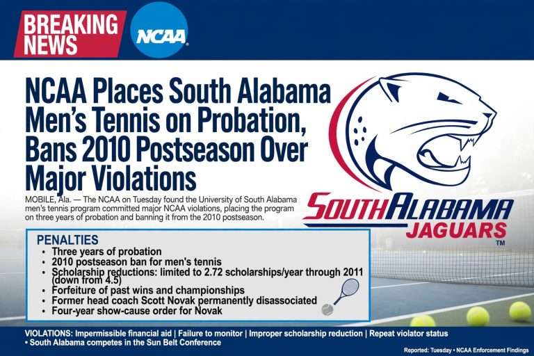 Illustration for the news story: NCAA Places South Alabama Men’s Tennis on Probation, Bans 2010 Postseason Over Major Violations