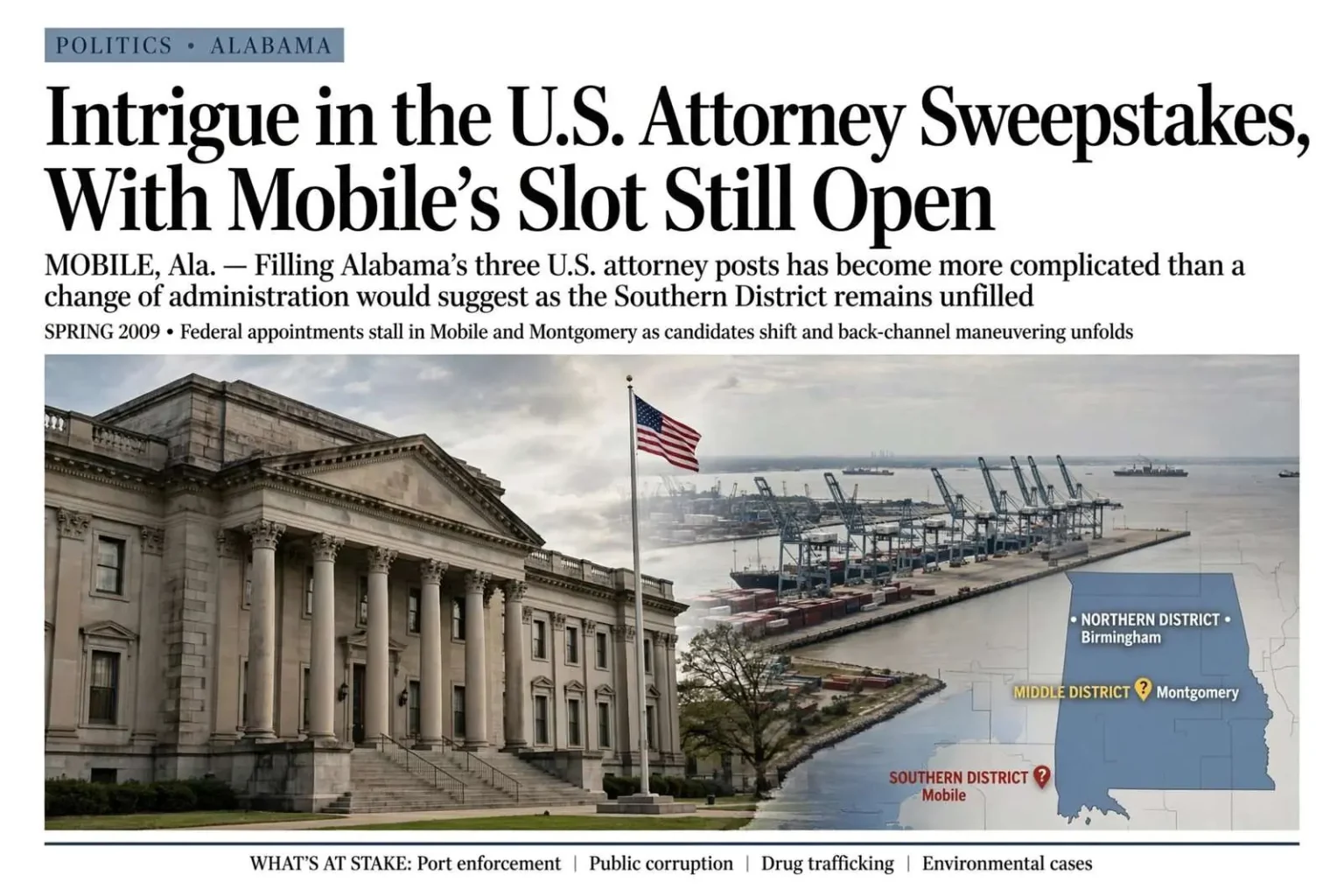 Illustration for the news story: Intrigue in the U.S. Attorney Sweepstakes, With Mobile’s Slot Still Open